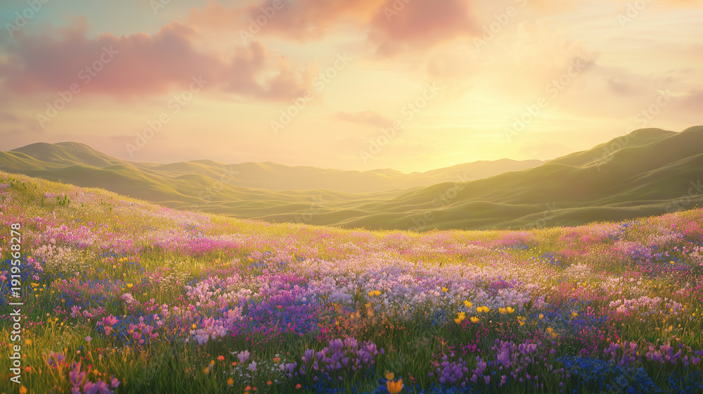 Fototapeta premium Vibrant wildflowers bloom in serene mountain meadow at sunset