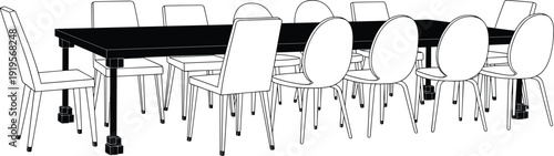 Table, chairs, furniture, office, meeting, boardroom, interior, vector, workspace, corporate, conference, silhouette, dining, minimalist, sketch