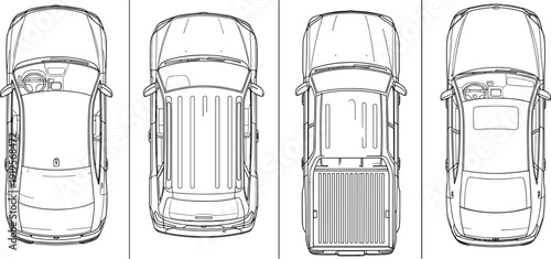 Set of four different car top view line art illustrations including sedan, suv, and pickup truck for architectural parking plan,