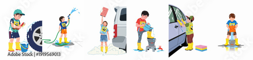 Kids enthusiastically washing a car outdoors, wearing rain boots and SpongeBob shirts, making a splash with water and soap in this fun, helpful chore.