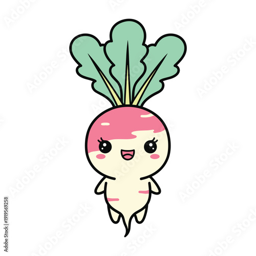 Cute cartoon character designed as a smiling radish with leafy green top