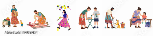 Diverse Families Enjoying Outdoor Summer Activities: From Picnics to Playtime and Responsibilities, Illustrated with Vibrant Paisley Attire.
