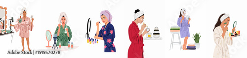 Women engaging in diverse self-care and beauty routines at home, applying various skincare products, using beauty tools, and creating content for a modern wellness lifestyle.