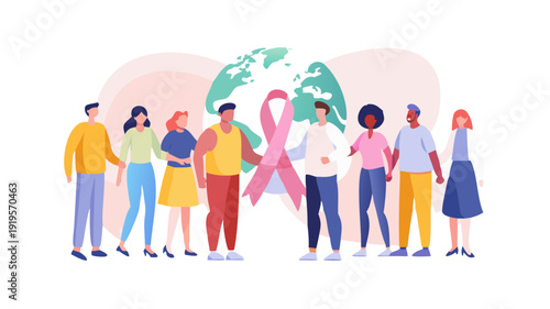 Diverse group supporting breast cancer awareness globally together