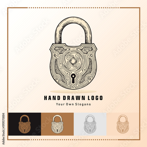 Vintage padlock logo illustration in hand drawn engraving style