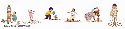 Diverse children in pajamas engaging with wooden blocks: building towers, knocking them down, and enjoying imaginative play at home.
