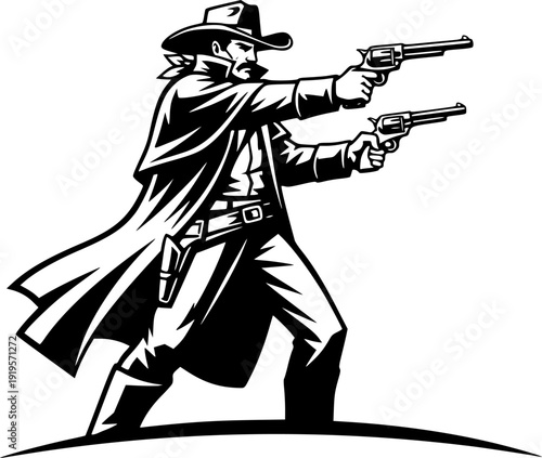 Cowboy Gunslinger Vector Black Silhouette Print Design