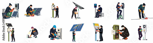 Cuadro en lienzo Women electricians and technicians performing various tasks related to solar energy, electrical systems, and charging stations, highlighting skilled labor and sustainable technology