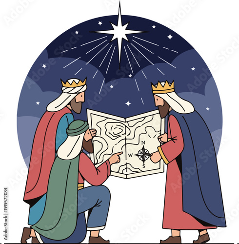 Three Wise Men Following Star to Bethlehem