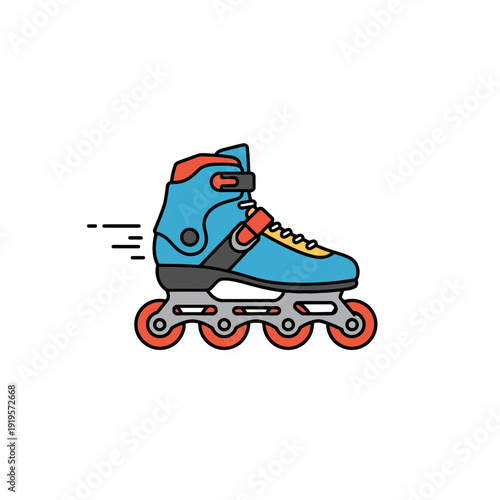 Colorful blue roller skate in motion with dynamic speed lines, vector illustration. Hobby, sport, active lifestyle. Gear sale