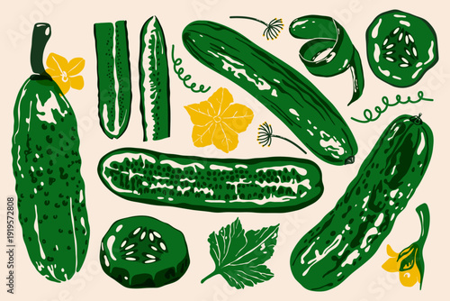 Abstract cucumber set. Green sliced fresh pickled whole sliced vegetables, cartoon organic farm food risograph print, healthy natural ingredients for salad. Vector collection