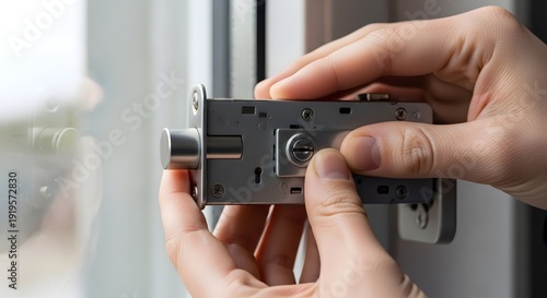 Close-up of hands holding and installing a door lock mechanism, home improvement project