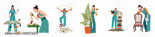 Set of diverse women engaged in board game activities, showcasing joy, frustration, victory, strategy, and leisure. A comprehensive illustration of game night emotions and experiences.