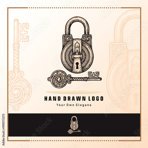 Vintage padlock logo illustration in hand drawn engraving style