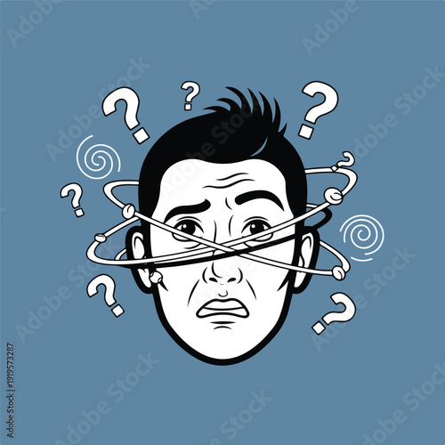 Confused man with question marks and swirling thoughts