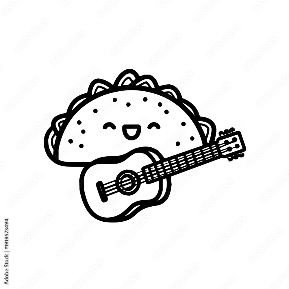 Fototapeta premium Taco Playing Guitar Smiling on White Background