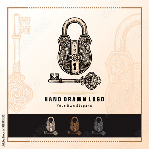 Vintage padlock logo illustration in hand drawn engraving style
