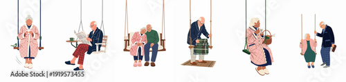 Elderly individuals enjoying peaceful moments on swings, reading, knitting, and sharing companionship in a collection of cozy illustrations.