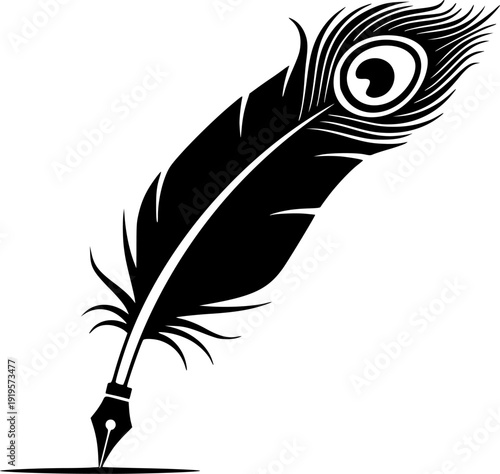 Peacock feather quill vector black silhouette print design
