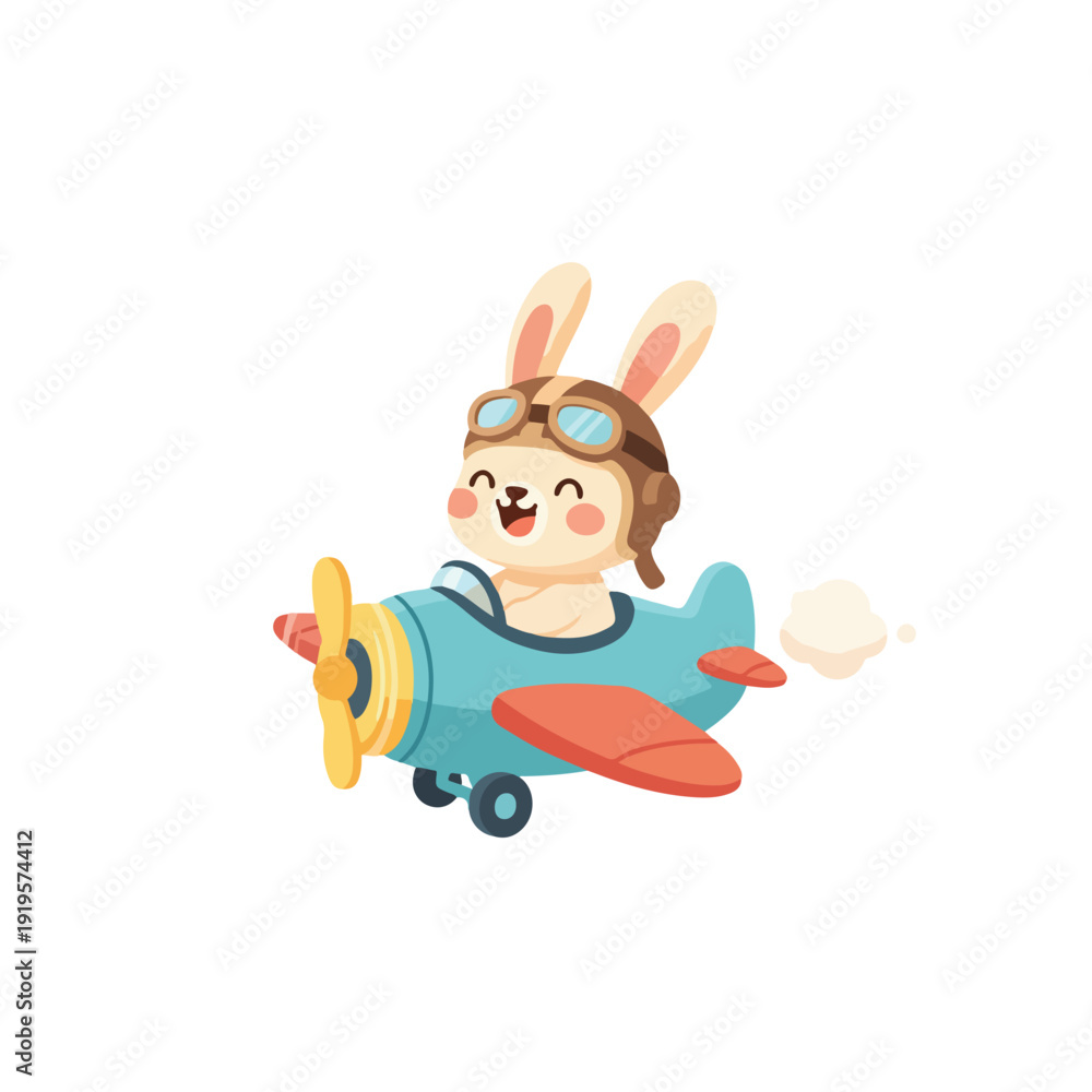 Φωτογραφία A cute, happy cartoon rabbit wearing an aviator hat and goggles joyfully pilots a light blue and red biplane, leaving a trail of smoke