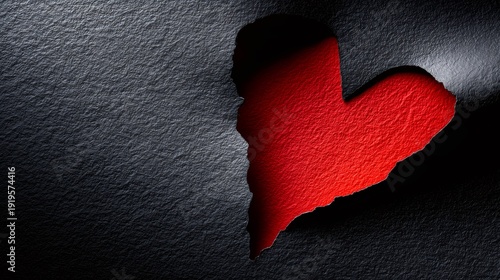 Broken heart shape tearing through dark textured paper, revealing a textured red surface underneath, symbolizing emotional pain