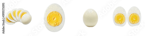 Hard boiled egg isolated on white background sliced egg halves and whole shelled eggs set protein food breakfast ingredient healthy snack png transparent cutout