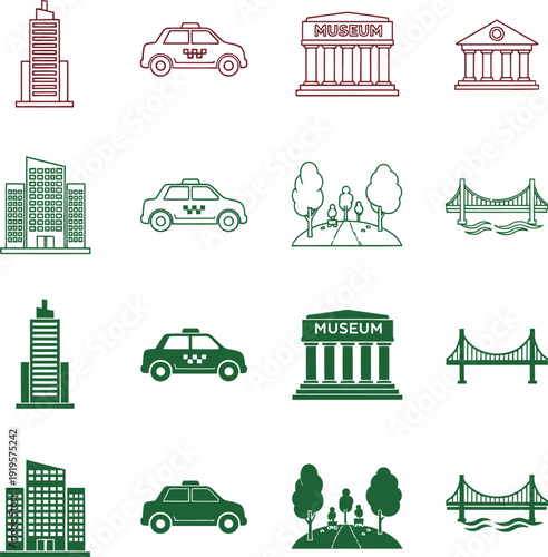 City in red and green colors buildings taxi