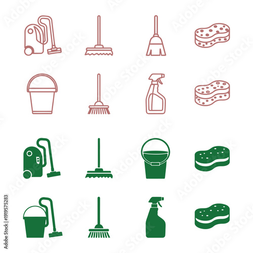 Cleaning in red and green on white background cleaning vacuum cleaner broom dustpan bucket spray bottle