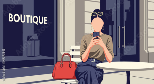 Modern fashionable woman sitting at outdoor coffee shop using smartphone and wearing chic casual outfit. Urban lifestyle, social media and city fashion culture concept illustration