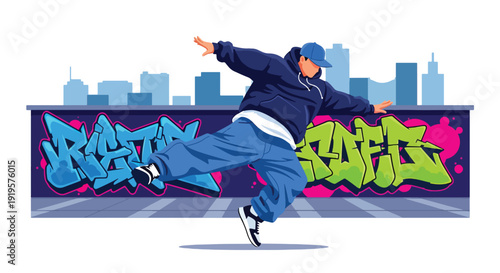 Urban dancer performing hip hop moves in city street wearing trendy streetwear outfit. Youth culture, music and modern fashion lifestyle concept for urban entertainment scene