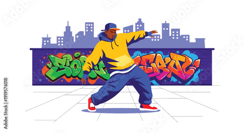 Urban dancer performing hip hop moves in city street wearing trendy streetwear outfit. Youth culture, music and modern fashion lifestyle concept for urban entertainment scene
