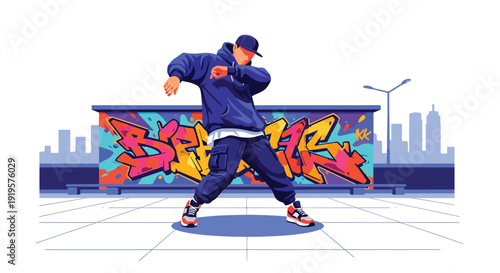Urban dancer performing hip hop moves in city street wearing trendy streetwear outfit. Youth culture, music and modern fashion lifestyle concept for urban entertainment scene