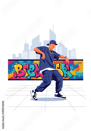Urban dancer performing hip hop moves in city street wearing trendy streetwear outfit. Youth culture, music and modern fashion lifestyle concept for urban entertainment scene