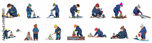 Cartoon children playing outdoors, stacking colorful stones and pebbles in various natural settings, enjoying creative nature activities in winter outfits.