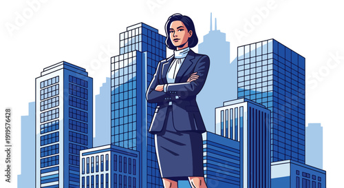 Confident professional woman standing in front of corporate building wearing elegant office fashion. Urban business lifestyle and modern career fashion concept illustration