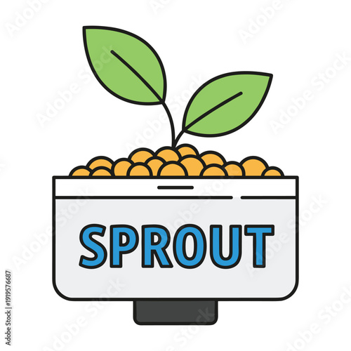 A sprouting seedling growing from a pot labeled 'sprout' with beans