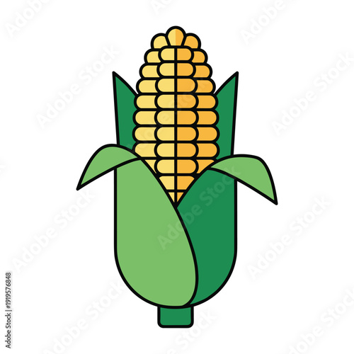 A stylized illustration of a single ear of corn with green husks and yellow kernels