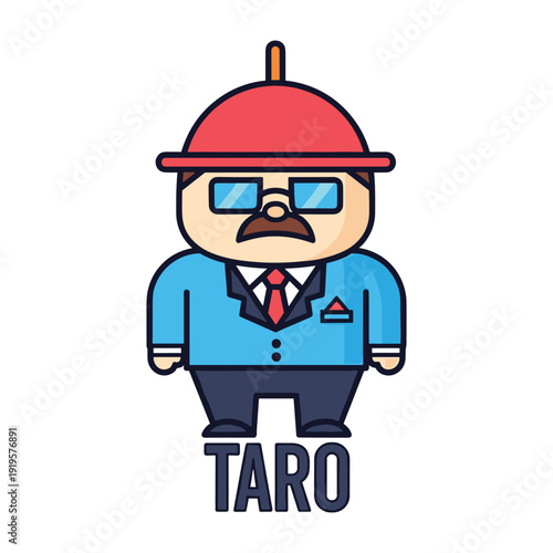 Charming cartoon character taro with a red hat and sunglasses in a professional attire