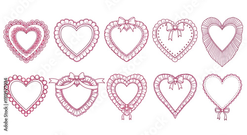 Collection of ornate heart illustrations with various designs and decorations displayed in a grid layout on a clean background from a straightforward viewpoint