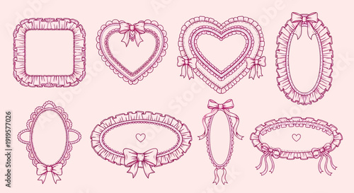 A collection of ornate pink frames and borders with bows, hearts, and decorative elements in a whimsical illustration.