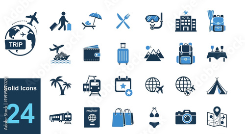 Collection of solid travel icons representing various activities and destinations around the world in a simple, monochromatic style.