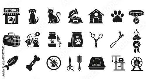 Collection of pet care icons including animals, grooming tools, and accessories displayed on a clean white background from a straightforward viewpoint