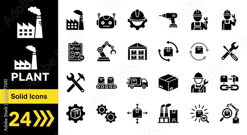 Collection of industrial icons representing various aspects of a manufacturing plant and its operations