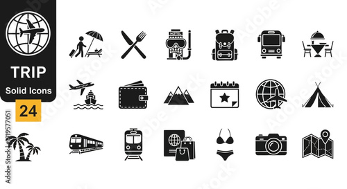 Collection of simple black travel icons including landmarks and activities on a white background, shown from a straightforward viewpoint.