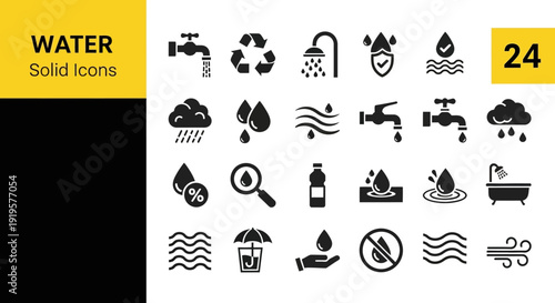 Collection of water-related icons depicting various aspects of water usage and conservation in a simple, black-and-white illustration style