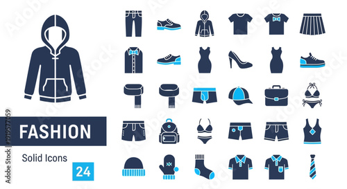 Collection of various fashion items and clothing icons displayed in a grid layout showcasing different styles and designs