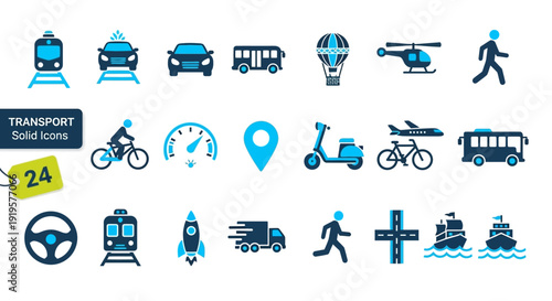 Collection of various transport icons including vehicles, trains, bicycles, and aircraft from a top-view perspective.