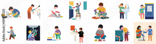 Illustrations of young boys learning and performing various plumbing tasks, including fixing leaks, assembling pipes, and using tools for home maintenance projects.