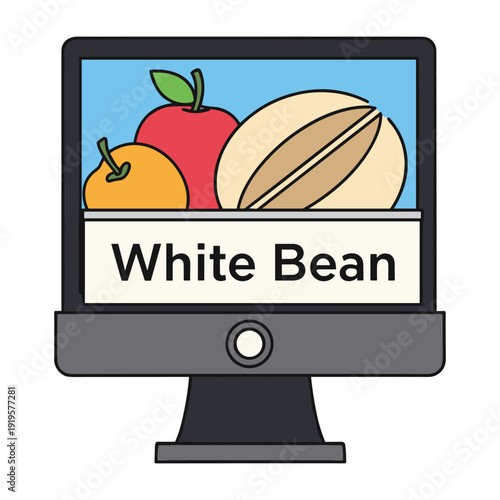 Creative illustration of white beans displayed on a computer monitor screen