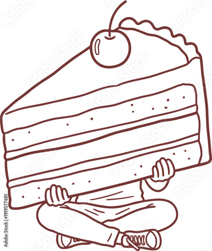 A person sitting cross-legged holding a large slice of cake with a cherry on top. Bakery and dessert concept. Monochrome outline vector illustration for menu, sticker, card